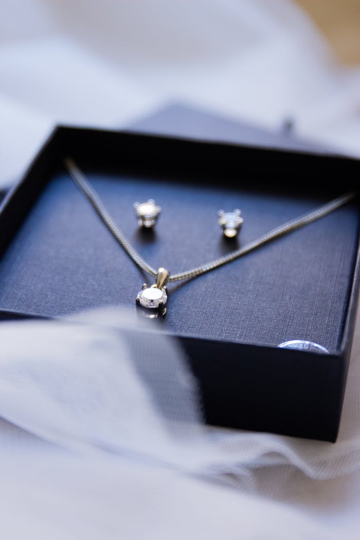 Services Luxury diamond necklace and earrings elegantly displayed in a gift box.